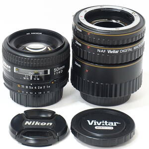 Ai AF NIKKOR 50mm F1.4 D for Nikon F Mount 35mm Full Frame FX Format 大口径高性能標準レンズ Vivitar MACRO AF対応接写リング付セット