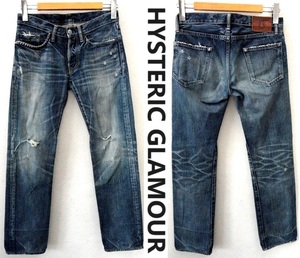 HYSTERIC GLAMOUR:ヒステリックグラマー/ヴィンテージ加工 スリムストレート スタッズ デニム/size28/インディゴ/ヒゲ アタリ ハチの巣