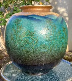 九谷焼　まあるい花瓶　きらめく海の中へ…　エメラルドグリーン色