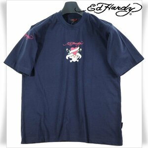 新品1円～★Ed Hardy エドハーディー メンズ 半袖 コットン綿 天竺 ポケット付き Tシャツ M ネイビー クルーネック カットソー ◆1718◆