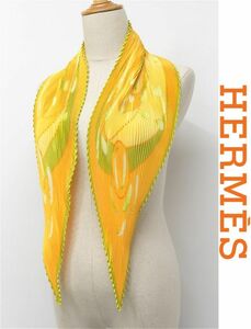 HGC-X249/美品 HERMES カレ90 スカーフ プリーツ au gre du vent 風にまかせて 黄色 シルク フランス製