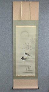 【模写】 掛軸 水鳥 [B29447] 絹本 芦雲 共箱 シギ 床の間 飾り 古玩 古美術