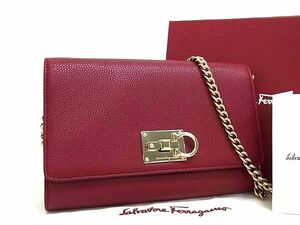 ■新品■未使用■ Salvatore Ferragamo フェラガモ ガンチーニ レザー チェーン クロスボディ ショルダーバッグ レッド系 AZ0652