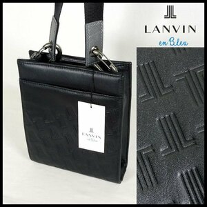 新品 定価16,500円 LANVIN en Bleu ランバンオンブルー 黒 牛革 ティルト ショルダーバッグ 撥水加工 ロゴマーク型押し総柄 メンズ【3139】