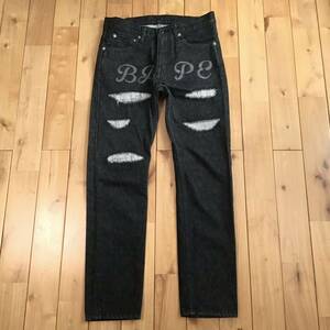 BAPE LOGO DAMAGED Black Denim Pants Sサイズ a bathing ape エイプ ベイプ アベイシングエイプ ブラック デニム パンツ ジーンズ w792