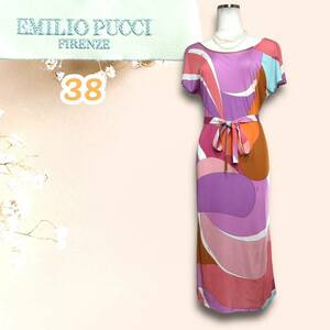 ☆美品☆EMILIO PUCCI エミリオプッチ ワンピース 総柄 プッチ柄 ベルト付き 半袖 38 MADE IN ITALY イタリア製 正規店タグ ロング 伸縮性