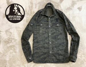 名作！極美品【HYSTERIC GLAMOUR】ヒステリックグラマー「タイガーストライプ」ウォッシュ加工 ARMY 長袖 ミリタリーシャツ/L 日本製