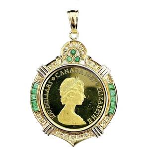 カナダ金貨 1981年 27.3g K18/22 エメラルド ダイヤモンド 0.25 コイン ペンダントトップ コレクション Gold