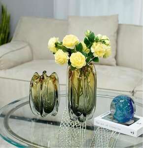 新品　高級　現代風　花器　飾り物　瑠璃花瓶　琥珀色　グラデーション　生け花　高品質　きれい　L