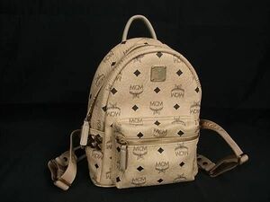 1円 ■美品■ MCM エムシーエム モノグラム ヴィセトス柄 レザー スタッズ リュックサック バックパック レディース ベージュ系 FA3987