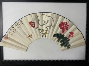 M 04）中国近現代の著名な画家で書道家の唐雲氏の花鳥絵画扇面作品！肉筆紙本 掛軸 中国美術 模写