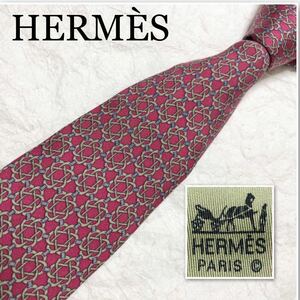 ■美品■HERMES エルメス　ネクタイ　金具　総柄　シルク100% フランス製　レッド×グレー　ビジネス