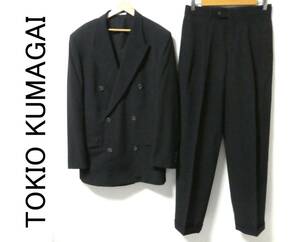 美品 希少 TOKIO KUMAGAI トキオクマガイ 80s ウール セットアップ ダブル スーツ 2タック ワイドパンツ L 黒 ブラック