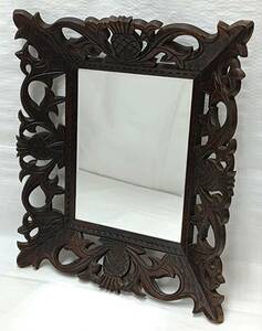 ・ヴィンテージ　ウッドフレーム木彫り　ウォールミラー・壁掛け鏡