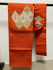 【名古屋帯 正絹】花紋様 朱色 和装 和服 着物 帯 赤 着付け 袋帯 なごや帯
