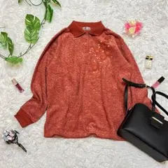 LAPENSEE デザインニット/ポロシャツ 長袖 レッド/赤 花柄 刺繍