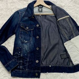 極美品●G-STAR RAW ジースターロウ デニムジャケット Gジャン ストレッチ ブリーチ加工 ダメージ 高級感 刻印ボタン インディゴブルー 春