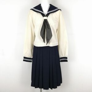 1円 セーラー服 スカート 上下3点セット 大きいサイズ 中間服 白3本線 女子 兵庫東洋大学附属姫路高校 オフ白 中古 ランクC NA3234