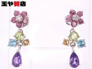 ポンテヴェキオ Ponte Vecchio マルチカラーストーン ダイヤ0.02ct フラワー風 ピアス K18WG