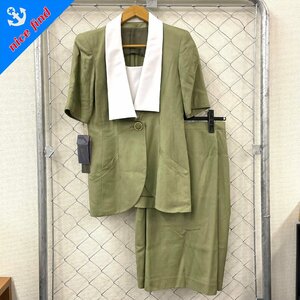 ◆銀座マギー GINZA MAGGY◆セットアップ グリーン レーヨン シルク レディース 半袖 ジャケット スカート サイズM 9号 タグ/リボン付