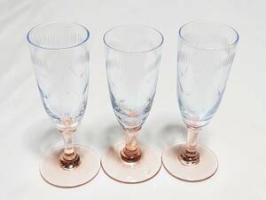 リキュールグラス 切子 3客 口径約3㎝ 高さ約9㎝ 古硝子 脚付杯 ブルー レッド 小型グラス 酒器 【1494】