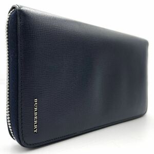 1円/極美品● BURBERRY バーバリー 長財布 ウォレット オーガナイザー ラウンドファスナー ジップ ビジネス ロゴ 金具 ネイビー レザー