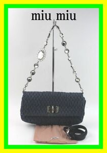 1円スタート 売り切り miu miu/ミュウミュウ ミュウクリスタル デニム ギャザー ビジュー 3WAY ショルダーバッグ/セカンドバッグ RP0415 