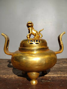 【古寶奇蔵】銅製・塗金・如意雙耳・三足熏香炉・置物・賞物・中国時代美術