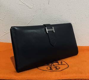 HERMES 極上美品 レザー 長財布 ブラック べアン スフレ 黒 エルメス シルバー金具