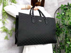 ●超美品●GUCCI グッチ●メンズ●ロゴプレート●GGナイロン カーフ レザー 本革●ハンド ビジネス バッグ●黒●SV金具●A4 書類●Js45729