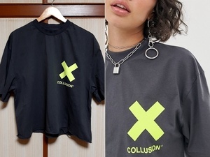 Collusion ユニセックス クロップドオーバーサイズ Tシャツ チャコール ネオンイエロー Gildan facetasm yeezy adidas
