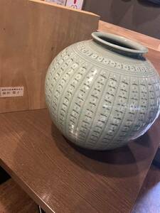 美品 韓国美術 青珍窯 梁命煥作 高麗青磁 丸壺 花器 花瓶 花入 生花 飾り物 床の間 古民具 茶道具 華道具 工芸品