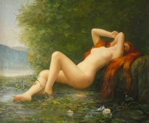 肉筆絵画 油絵 油彩画 洋画 木枠付 (油絵額縁付きで納品対応可) F10号 「水辺の裸婦」