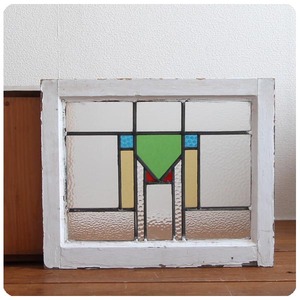 イギリス アンティーク ステンドグラス/木枠/ガラス窓/採光/フレーム/窓枠/建具【おしゃれな幾何学模様】N-697