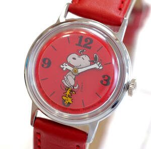 整備済 稼働 美品 スヌーピー ウッドストック 新品ベルト TIMEX 1970年代 機械式手巻き 腕時計 Snoopy Woodstock 赤文字盤 タイメックス