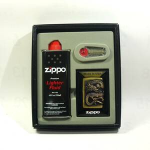 Zippo ジッポー 龍サイドメタル 　真鍮古美　ライター　オイル＆フリントセット（未使用）