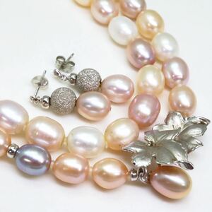 ＊本真珠2連ネックレス・ K14WGピアス＊m 約62.8g 約54.5cm パール pearl necklace earring jewelry silver DG6/DH6