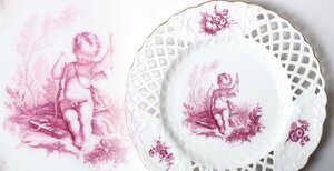 オールドミントン 天使の図 透かし彫り キャビネットプレート / MINTON ピンク