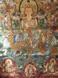 卍 仏教美術 　　 『　文殊 菩薩　織物　』 　　９１ｃｍ　　　　検索；獅子 刺繍 チベット 密教　仏画　ヨガ　釈迦　　Ｄ