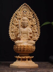 新品★仏教美術 精密彫刻 仏像 手彫り 木彫仏像 文殊菩薩座像高さ約28.5cm
