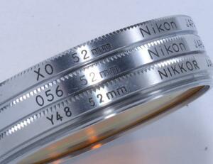 【Y93】Nikon モノクロ用フィルター 52ミリ径 銀枠 ねじ込み式 3個set ( Y48 / O56 / XO ) 拭きキズ汚れ皮膜剥がれバルクモリカブレ多い