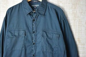 ☆US古着 TOMMY HILFIGER トミーヒルフィガー ワークシャツ コットン ネイビー ポケット【XL】　　　　◆9604◆