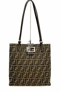 FENDI　フェンディ　ズッカ柄　肩掛け ショルダーバッグ トートバッグ　キャンバス × レザー　ブラウン 系　FF金具 シルバー金具