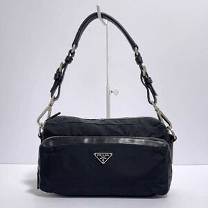 1円 ◎ PRADA プラダ ワンショルダーバッグ ハンドバッグ アクセサリーポーチ ナイロン サフィアーノレザー ブラック 黒 三角ロゴプレート