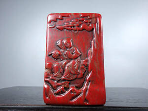 ▽鴻▽ 寿山石 鶏血石 細密彫 人物紋印章 置物 古賞物 中国古玩 中国古美術