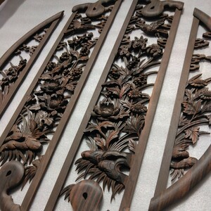 【送料込み】黒檀　透かし彫り飾り板4枚セット　管理番号（1614）デッドストック　木製彫刻　生地仕上