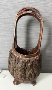 MH1*玄伸作 木製 木工 花器 花瓶 桶 工芸品 レトロ 器 茶道 木材　樹皮 道具 木材