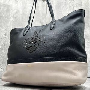 【希少モデル/美品】BALLY トートバッグ ハンド ビジネス メンズ レザー バイカラー パンチング A4収納 肩掛け ブラック PC 書類 大容量