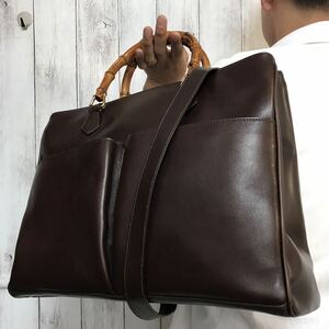 超美品/大容量●グッチ GUCCI バンブー トートバッグ ハンドバッグ ショルダー 2way メンズ ビジネス A4 書類かばん レザー 本革 ブラウン