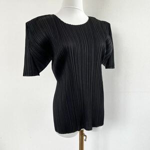 美品 size4 PLEATS PLEASE プリーツプリーズ 半袖 ブラウス トップス ブラック 黒 ラウンドネック クルーネック ISSEY MIYAKE レディース